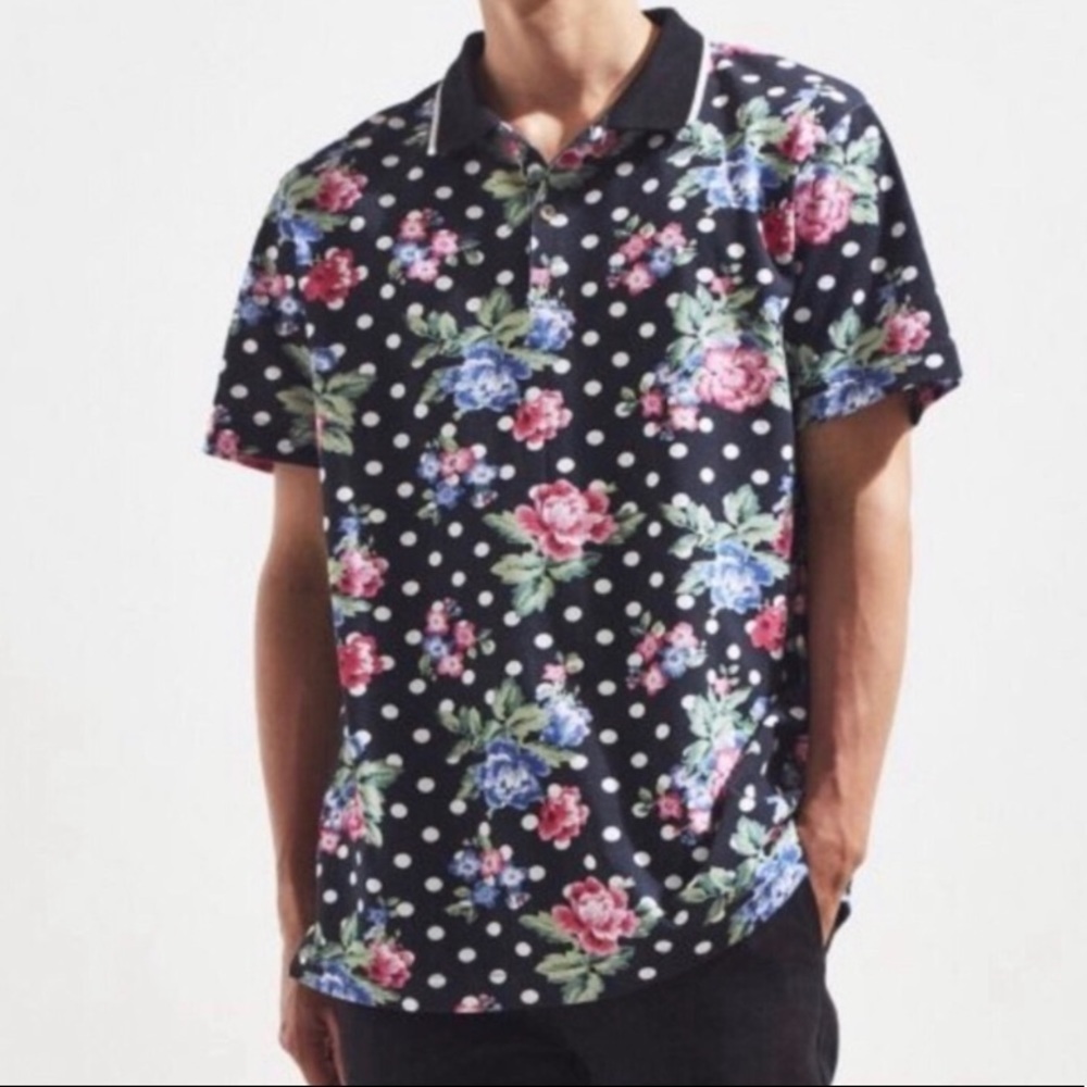 NWT- Urban Outfitters Small Polo Shirt Black Polka Dot Floral Print
